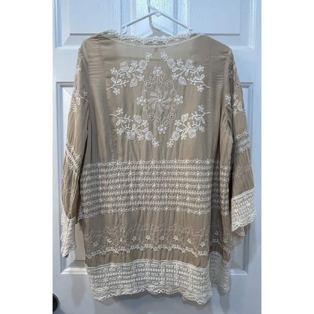 Solitaire Women Sz M Duster Kimono Black White Crochet Lace Embroidered Boho - Picture 2 of 10
